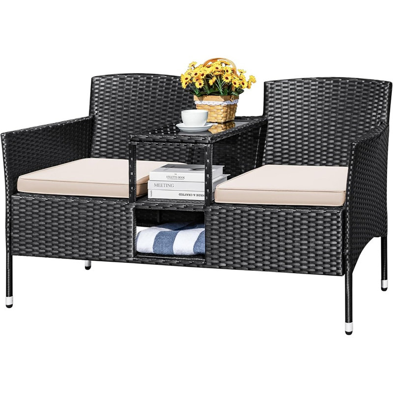 Causeuse d'extérieur en rotin moderne avec coussins et table basse intégrée pour le jardin et la cour
