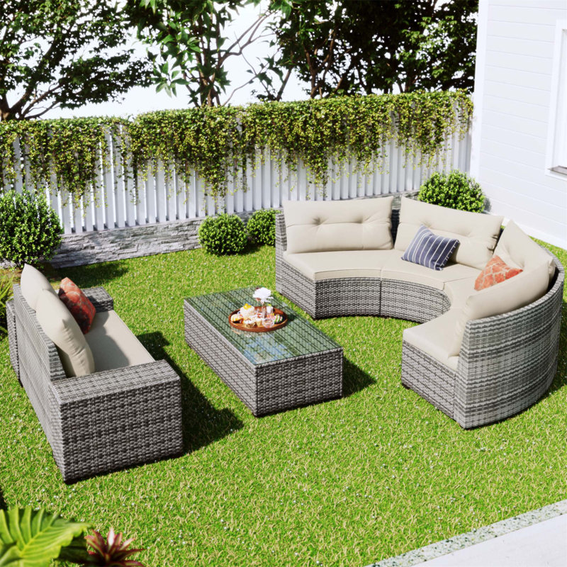 8-Pieces Outdoor Wicker Round Sofa Set, Half-Moon Sectional with Weather-Resistant PE Rattan and Rectangular Coffee Table, Movable Cushions