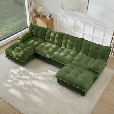 Canapé modulaire en forme de U de 138 po avec 2 repose-pieds modulaires en forme de U et canapé 4 places en chenille profonde avec coussin en treillis confortable décoré, chambre et appartement, vert