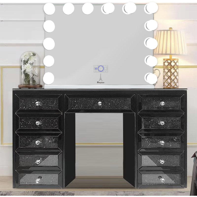 Miroir noir à miroir avec garniture de maquillage noir style diamant écrasé avec 11 tiroirs utilisés pour le rangement du maquillage Miroir optionnel avec lumières Hollywood