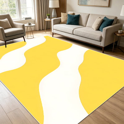 Tapis abstraits à rayures ondulées jaunes et blanches de 1 pièce pour le salon, doux et confortable, convient à toutes les saisons, facile à entretenir, tapis de sol intérieur lavable à la machine, sous la table de ferme convenant à la table à manger, à la chambre à coucher, au bureau, au vestibule,