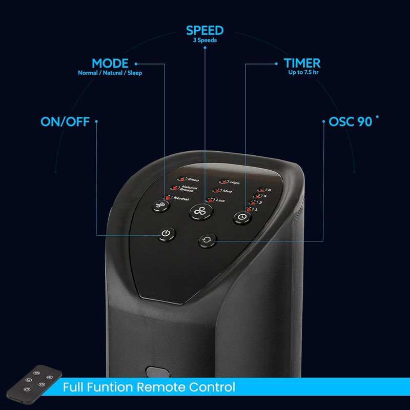 36" Black Oscillating Tower Fan with Remote Control