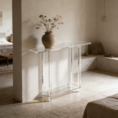 Console moderne en acrylique avec design à 2 niveaux, table d'entrée transparente transparente pour le couloir, le vestibule ou le salon, avec des pieds carrés robustes