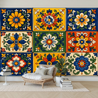 Wall Mural Peel and Stick Wallpaper Mexican talavera ceramic tile seamless Decoration ornamental Self-Adhesive Removable Contact Paper Wall Decor for Living Room Bedroom 69"H x 96"W