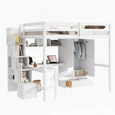 Full Size Loft Wood Bed With Desk, Book Shelves And Wardrobe With Doors And Drawer, Built-In Staircase With Storage Shelves, Loft Bed With Safety Guardrails And Solid Slats,White