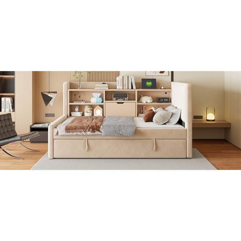 Lit de jour simple rembourré avec lit gigogne, tablettes de rangement, port USB et prise de courant (beige), Beige