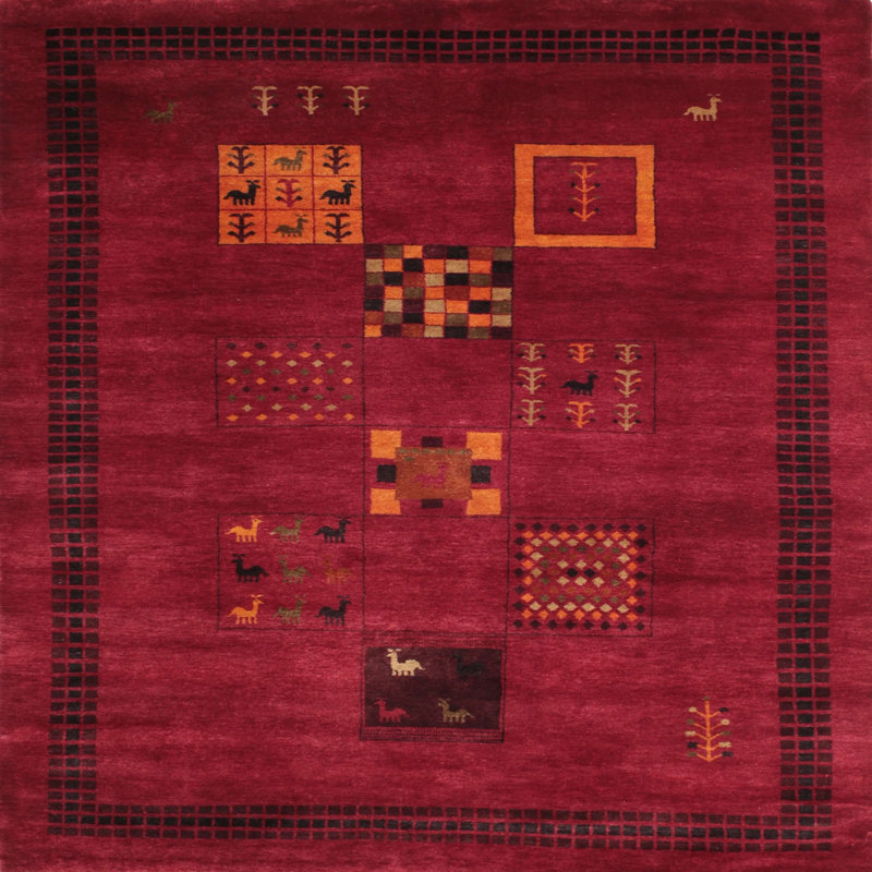 Tapis brun/rouge pourpre contemporain, Carré 5 pi