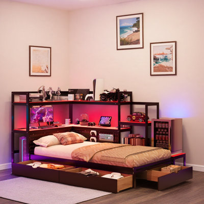 Lit de jour Modern Gaming avec bureau intégré, bibliothèque, 3 tiroirs de rangement, tête de lit en carton perforé, station de charge intégrée et éclairage à DEL