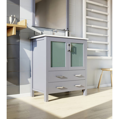 30 In. Wide Dark Grey Bathroom Vanity With 18.25 Depth, White Ceramic Countertop, Faucet , And 28 Mirror W Top, Stainless Steel Single - Hole Faucet,