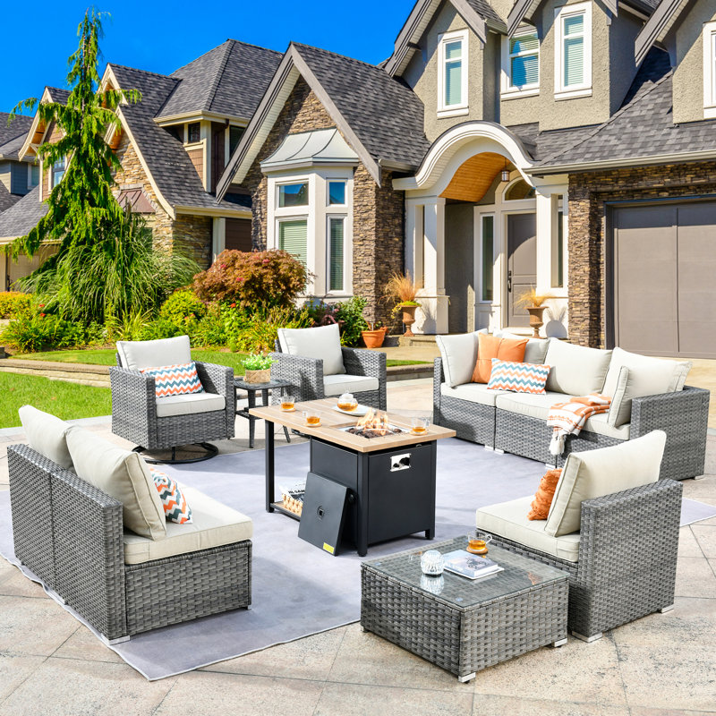 Habibah Premium All-Weather Wicker 9 - Person Patio Conversation Set with Cushions, Beige