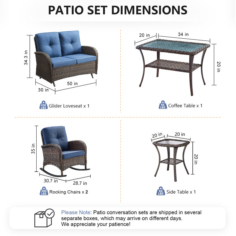 Chaises de patio d'extérieur en osier 5 pièces avec causeuse en rotin, table en osier et table d'appoint pour terrasse de patio
