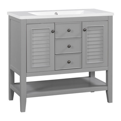 Meuble-lavabo 36 po avec lavabo en céramique, 2 armoires et tiroirs, tablette ouverte