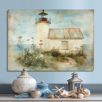 Calm Watercolor Lighthouse Garden At The Beach - Lighthouses Metal Art, Nautical Metal Print