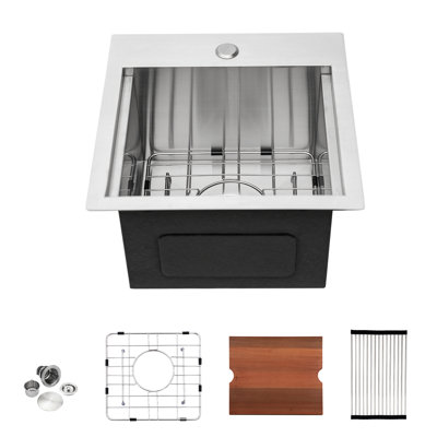 Évier de cuisine encastrable en acier inoxydable de calibre 18 de 15 pouces, station de travail simple avec revêtement protecteur, trou d'eau incliné pour le drainage, rebords polyvalents, le paquet comprend un support à enroulement