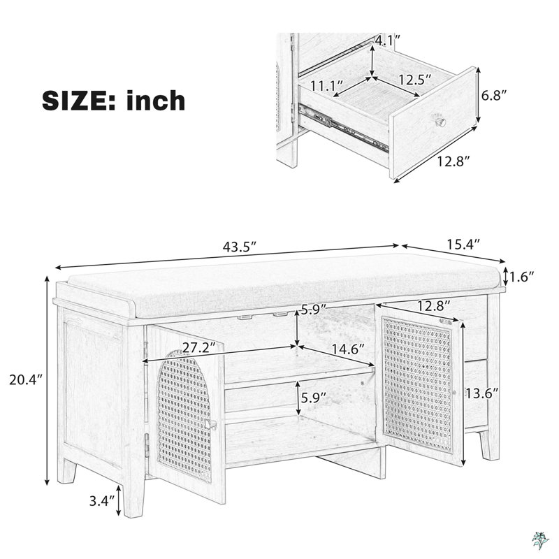 Shoe Storage Bench With Storage And Cushion, 2 Drawers And 2 Rattan Door, Navy