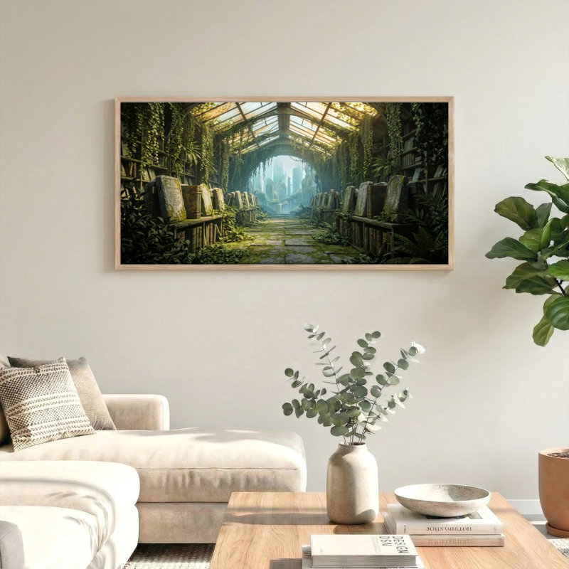 Ensemble d'un tableau sur toile représentant une bibliothèque envahie par la végétation, L 40 po x H 20 po, Naturel