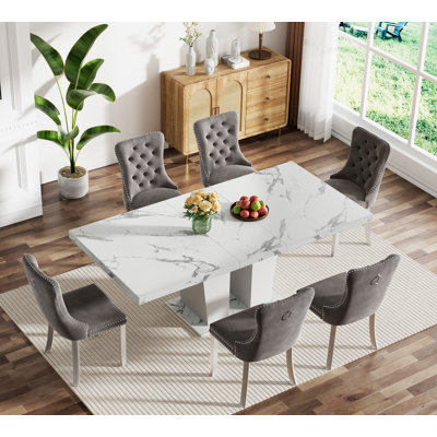 62.99" -78.74" Extendable Dining Table Set, White Dining Room Table & Velvet Dining Chairs with Stainless Leg, Rustic Kitchen Dining Table and Chairs by House of Hampton