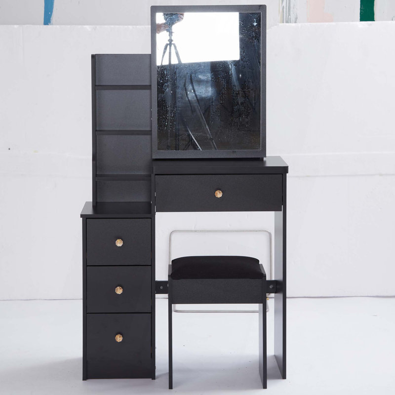 29.2" Small Space Left Bedside Cabinet Vanity Table + Cushioned Stool,Extra Large Right Sliding Mirror,Multi Layer High Capacity Storage,Practical Fashionable Dresser,Suitable For Small Space