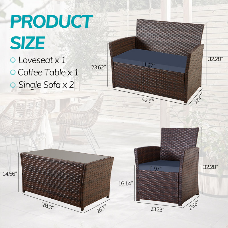 4 Piece Outdoor Patio Wicker Furniture Sectional Sofa Set With Cushions & Glass Coffee Table, Navy, Brown