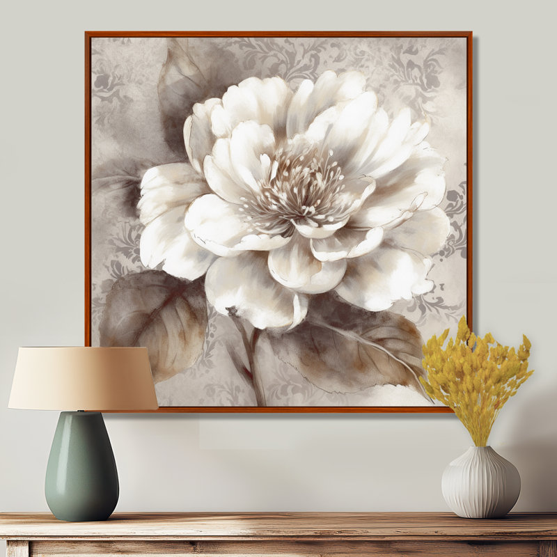 Pivoines grises sur branche III - pivoines, art mural sur toile, H 24 po x l 24 po x P 1 po, Cadre flottant brun