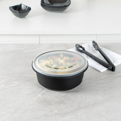 Restaurantware-Cater Tek 101 Ounce Serving Bowls, 100 Disposable Bowls With Lids - Microwavable, Freezable, Black Plastic Catering Bowls, Round, Ideal For Soups, Stews, Salads, Chilli, Or Noodles