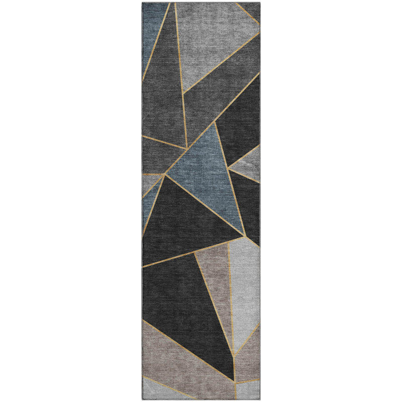 Premium Machine Washable Mayfield AMF636 Geometric Rug, Blue, 2'3" x 7'6" Runner
