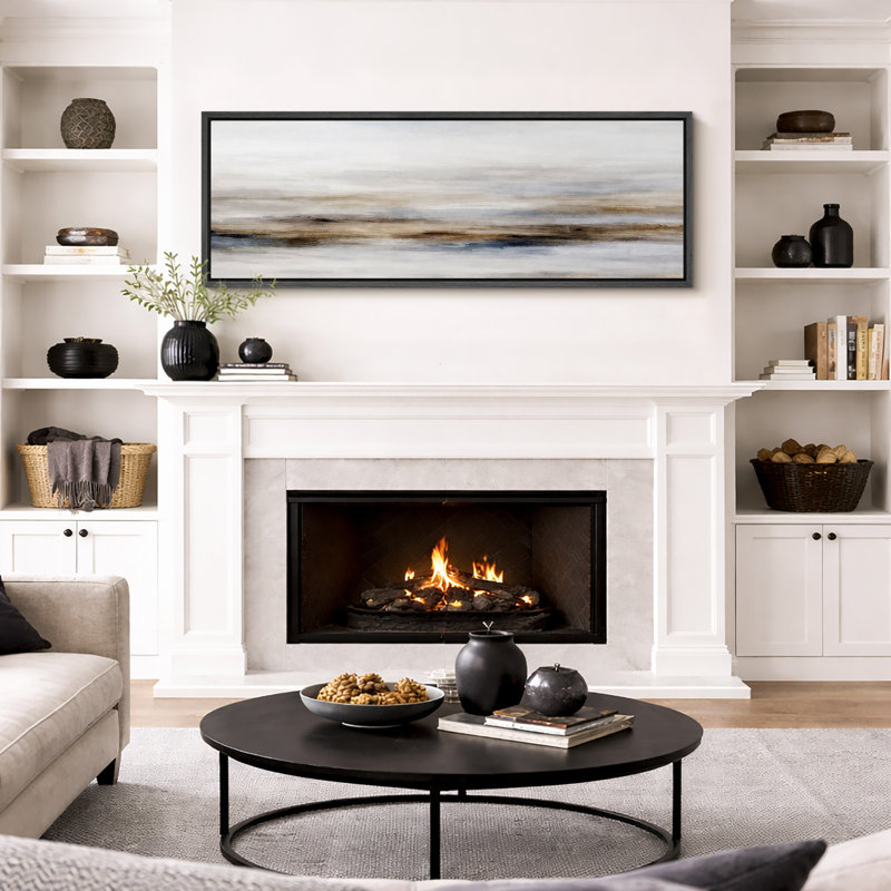 "Abstract", horizon doux, composition de paysage, images de salon serein, impression sur toile encadrée, Cadre noir