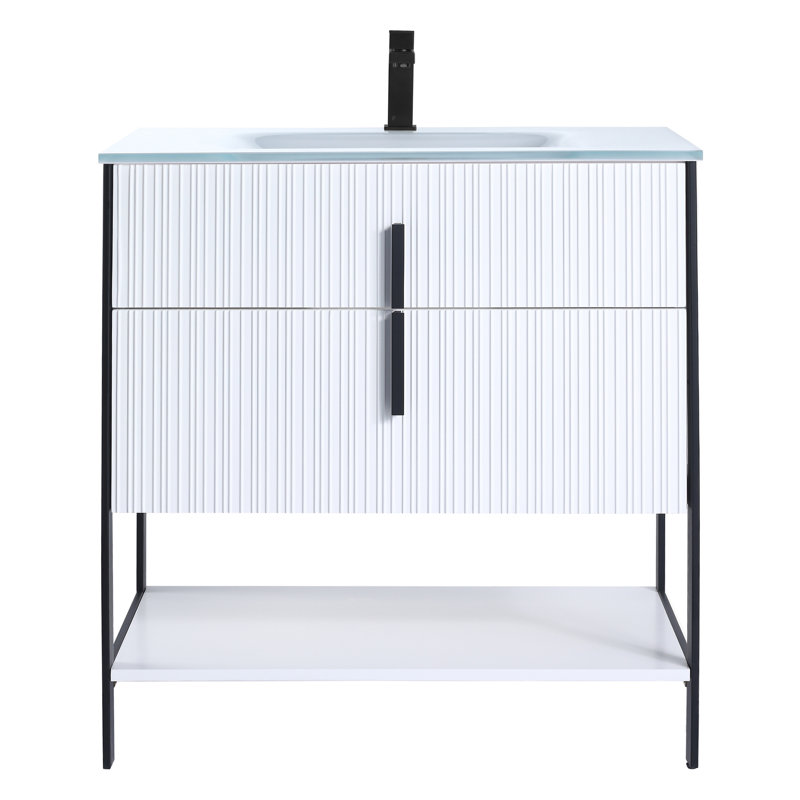  Meuble-lavabo moderne avec plateau en verre blanc Serenity, 30", Blanc mat / noir