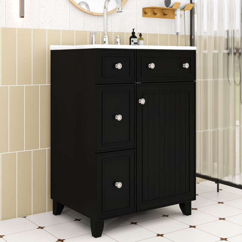 Chic 24-Inch 2 Drawers Bathroom Vanity with Ceramic Sink and Space-Saving Design, Black, Silver