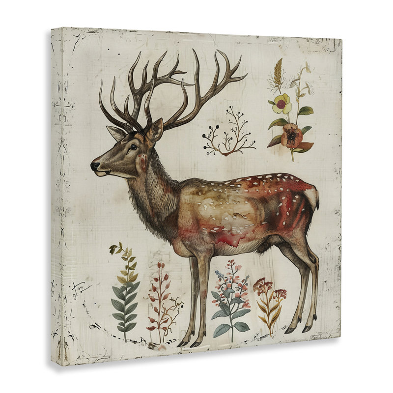 «Forest Elk with Botanicals», art mural sur toile par Lazar Studio, H 24 po x l 24 po