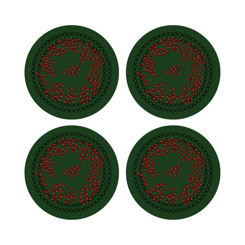 Christmas Berries Vegan Leather Round Pebble Placemat, Red Green
