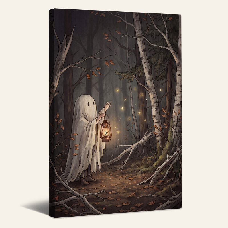 Tableau sur toile d'Halloween représentant un fantôme blanc tenant une lanterne dans une forêt sombre, 18"H x 12"W