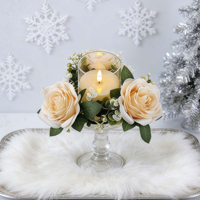 Candle Rings With Flameless Candles Sets - 4PCS Artificial Flower Eucalyptus Wedding Centerpiece Pillar Candleholders Wreaths For Wedding Party Decor(2 Sets)