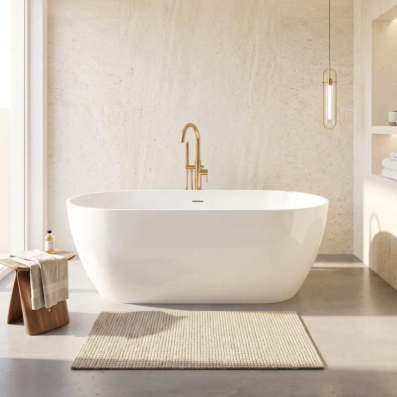 Baignoire autoportante contemporaine en résine d'ingénierie en pierre solide de 63 po x 29,5 po, fonction de trempage profond avec trop-plein et bonde escamotable, blanc brillant