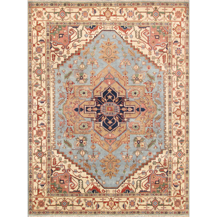 Serapi Hand-Knotted Wool Oriental Area Rug in Light Blue/Ivory/Navy/Yellow