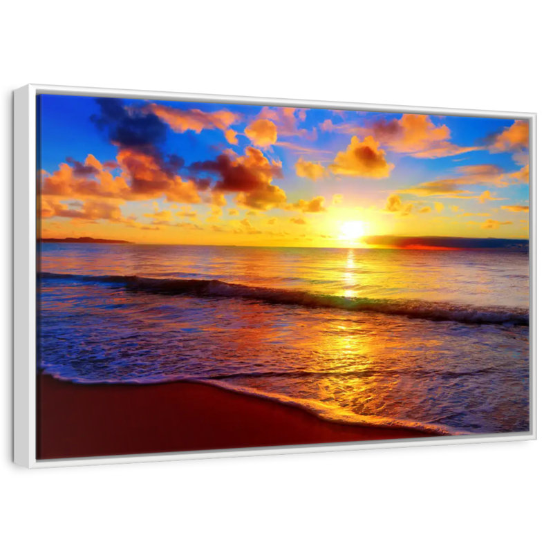 Coucher de soleil méditatif sur Aurelus, Cadre flottant blanc, H 29 po x l 43 po