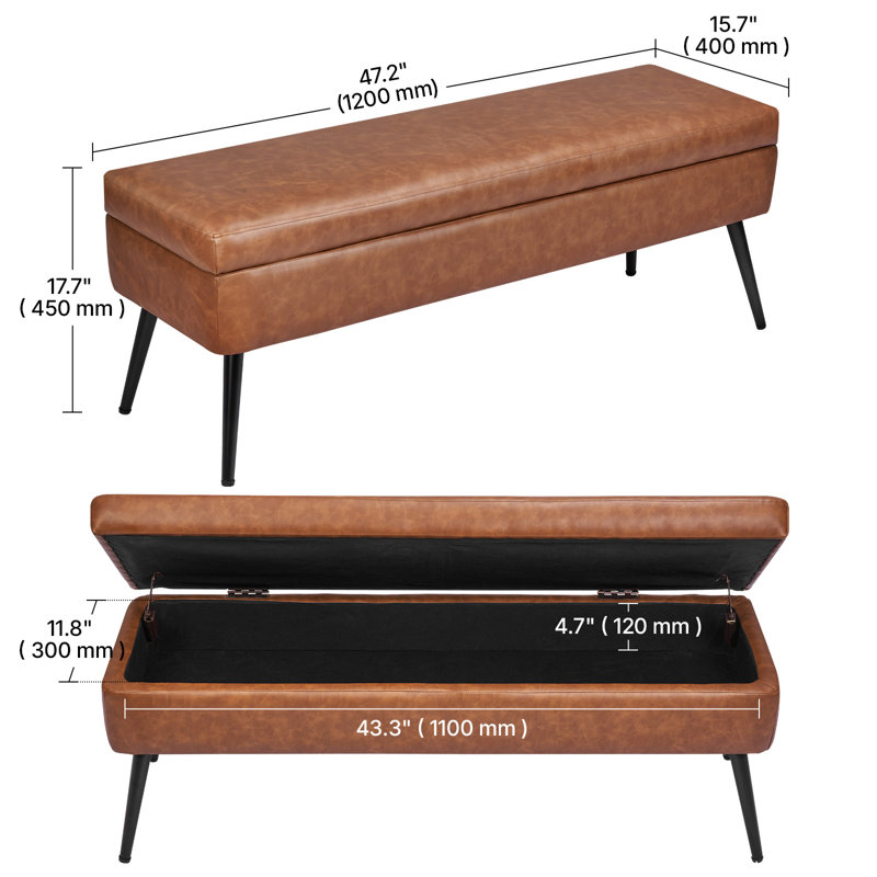 PU Leather Storage Ottoman Bench Bench with Storage and Metal Legs, Brown, 17.7" H x 47.2" W x 14" D