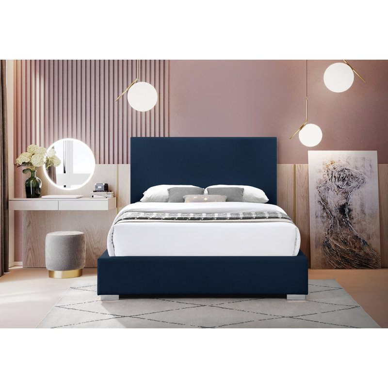 Crosby Solid Wood and Upholstered Platform Bed, Full, Navy Linen Textured Fabric