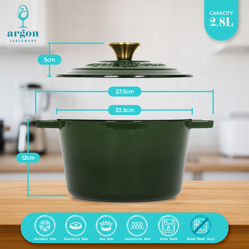 Argon Tableware - Round Cast Iron Casserole Dishes - 2.8L - Pack of 2, Green