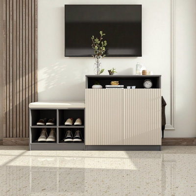 Beige & Grey Entryway Storage Cabinet with Shoe Bench & 3-Tier Shelves, Console Table with Wavy Doors and Hooks