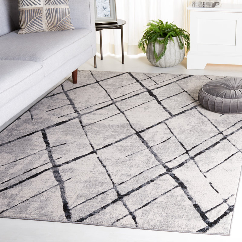 Tapis gris / noir en polyester tissé à la machine Asan, Rectangle 5 pi 3 po x 7 pi 6 po