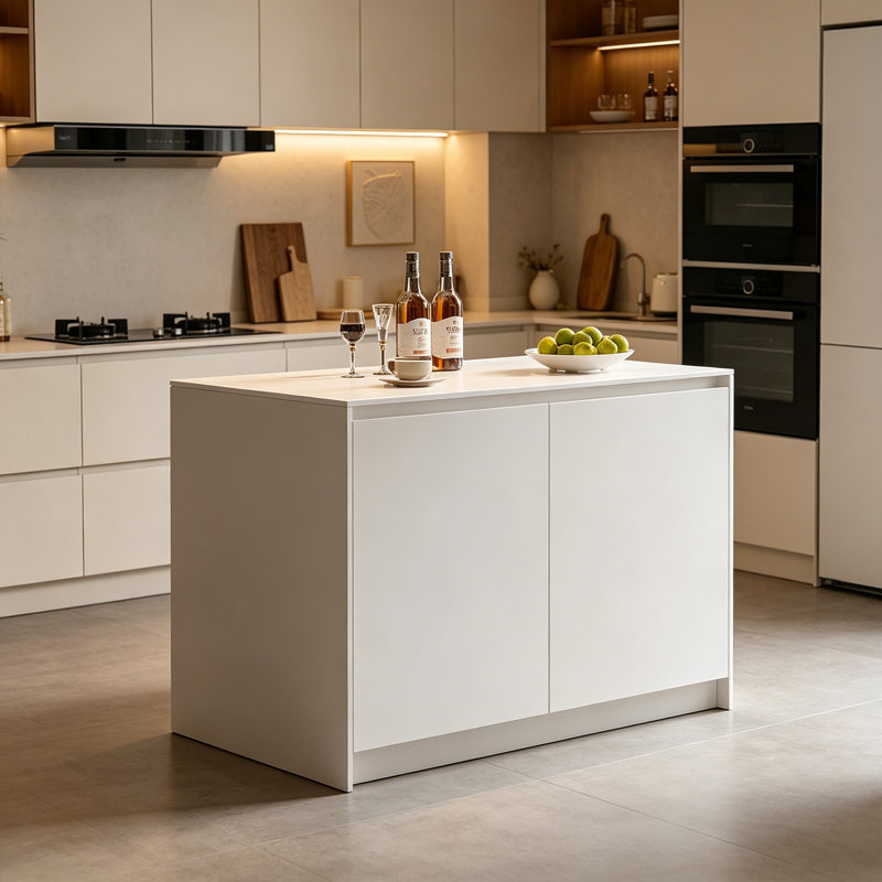 Îlot de cuisine moderne avec plateau en pierre frittée, grande armoire multifonctionnelle pour îlot de rangement, table de cuisine contemporaine avec armoires et étagères pour un usage domestique