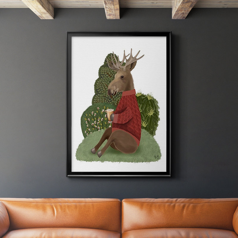 " Latte Moose In Sweater ", Black Framed, 42.5" H x 30.5" W x 1" D
