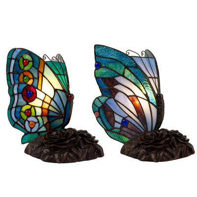 Tiffany Style Butterfly Lamp (Rounded Wings) Set, Vintage Stained Glass Desk Lamps, Stained Glass Desk or Night Light Lamps with LED Bulbs -  Rosalind Wheeler, AA1F2402792A4EF3932EEF9214CEE0CD