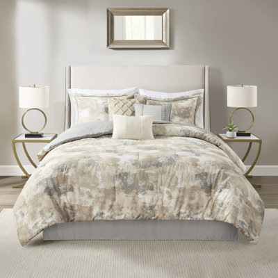 7 Piece Comforter In Grey King With Weave Fabric And Filling, Embroidered Details Textured For Size Bed, Machine Washable