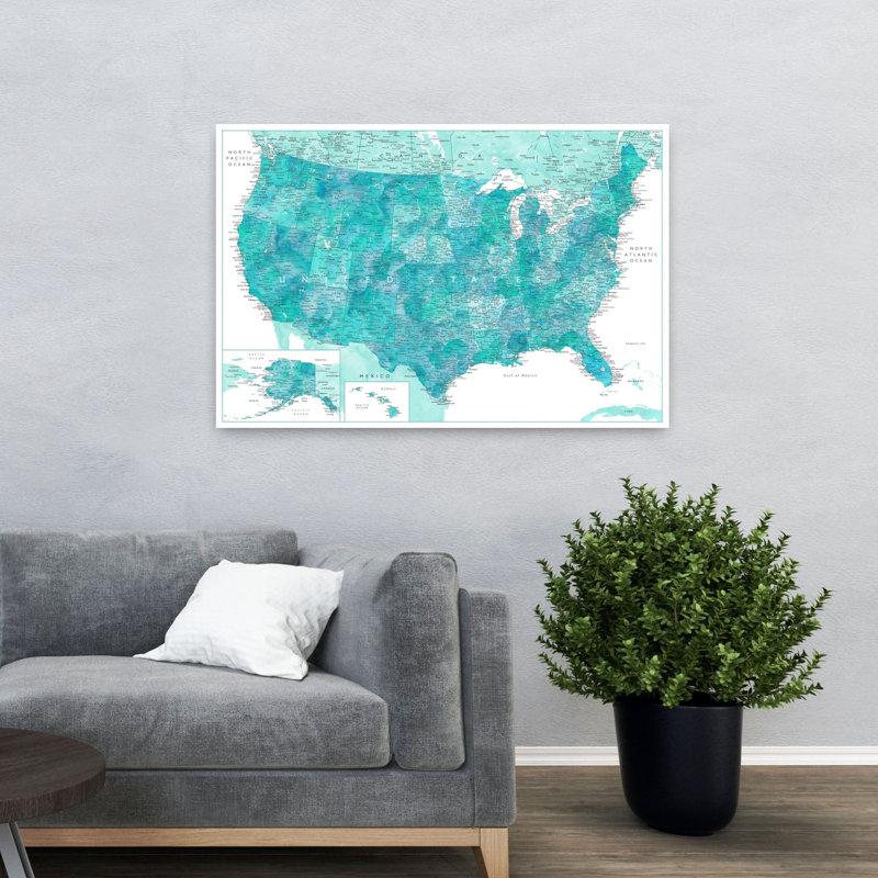 Carte des États-Unis turquoise - Affiche contemporaine, 32" H x 48" W, Green/White