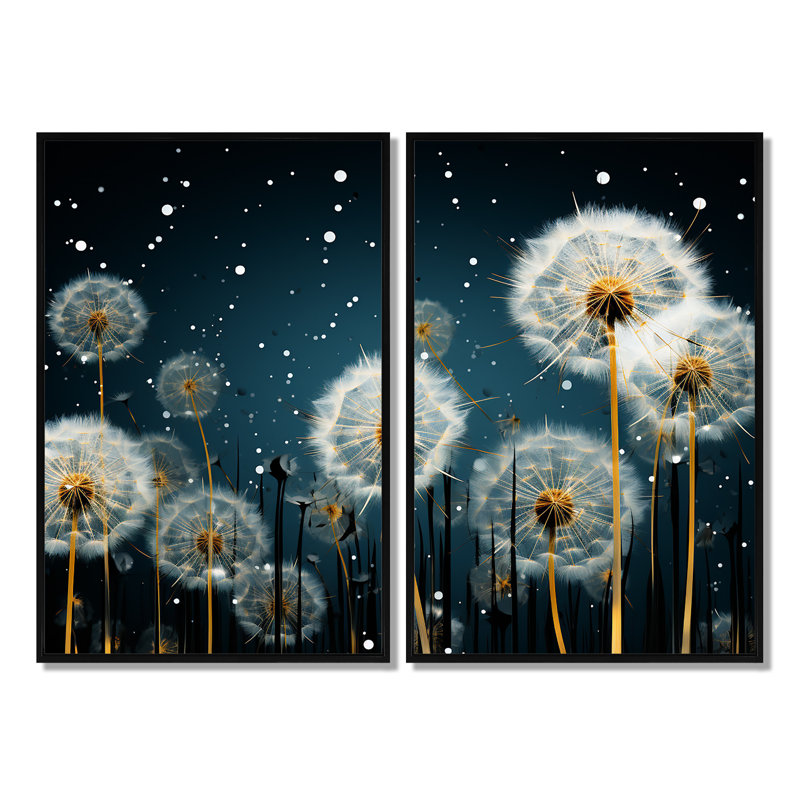 Ensemble de 2 décorations murales pissenlit blanc, Black, 36" H x 48" W, Impression encadrée flottante