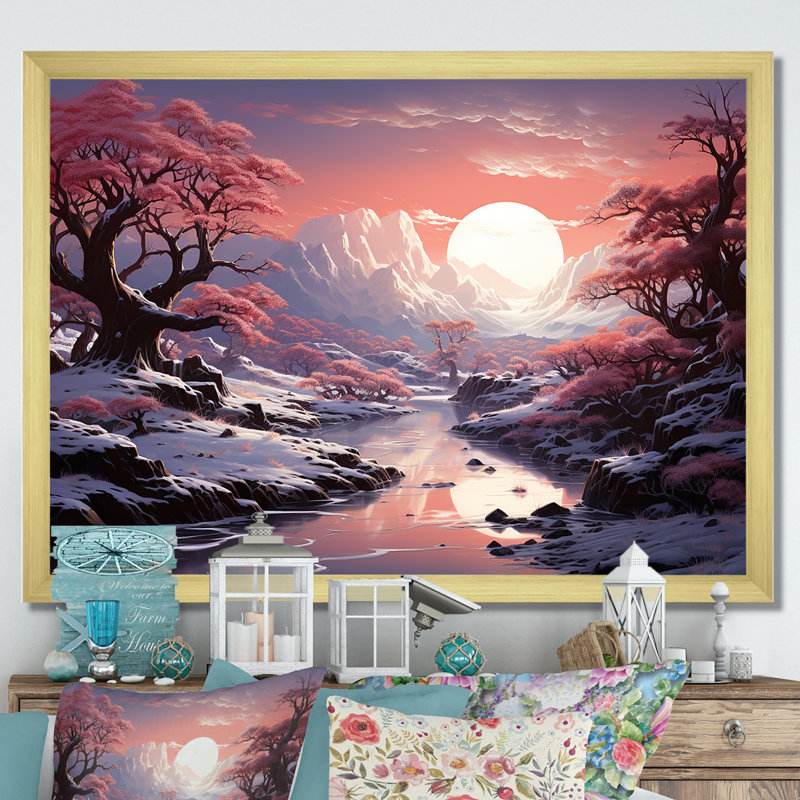 «Kawaii Winter Landscape Sunrise I», reproduction sur toile, Cadre doré simple, H 34 po x l 44 po x P 1,5 po