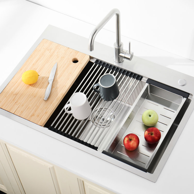 Évier de cuisine en acier inoxydable 30 po x 22 po, sur comptoir à simple cuve, merveilleuse finition brossée, avec planche à découper, passoire et évier à surface teintée 304, coins arrondis élégants
