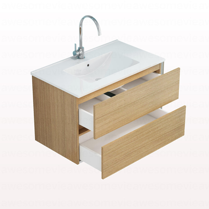 Meuble-lavabo mural de 32 pouces avec deux tiroirs, lavabo à fermeture douce, conception sans poignée, bois massif, facile à installer, le robinet n'est pas inclus, naturel